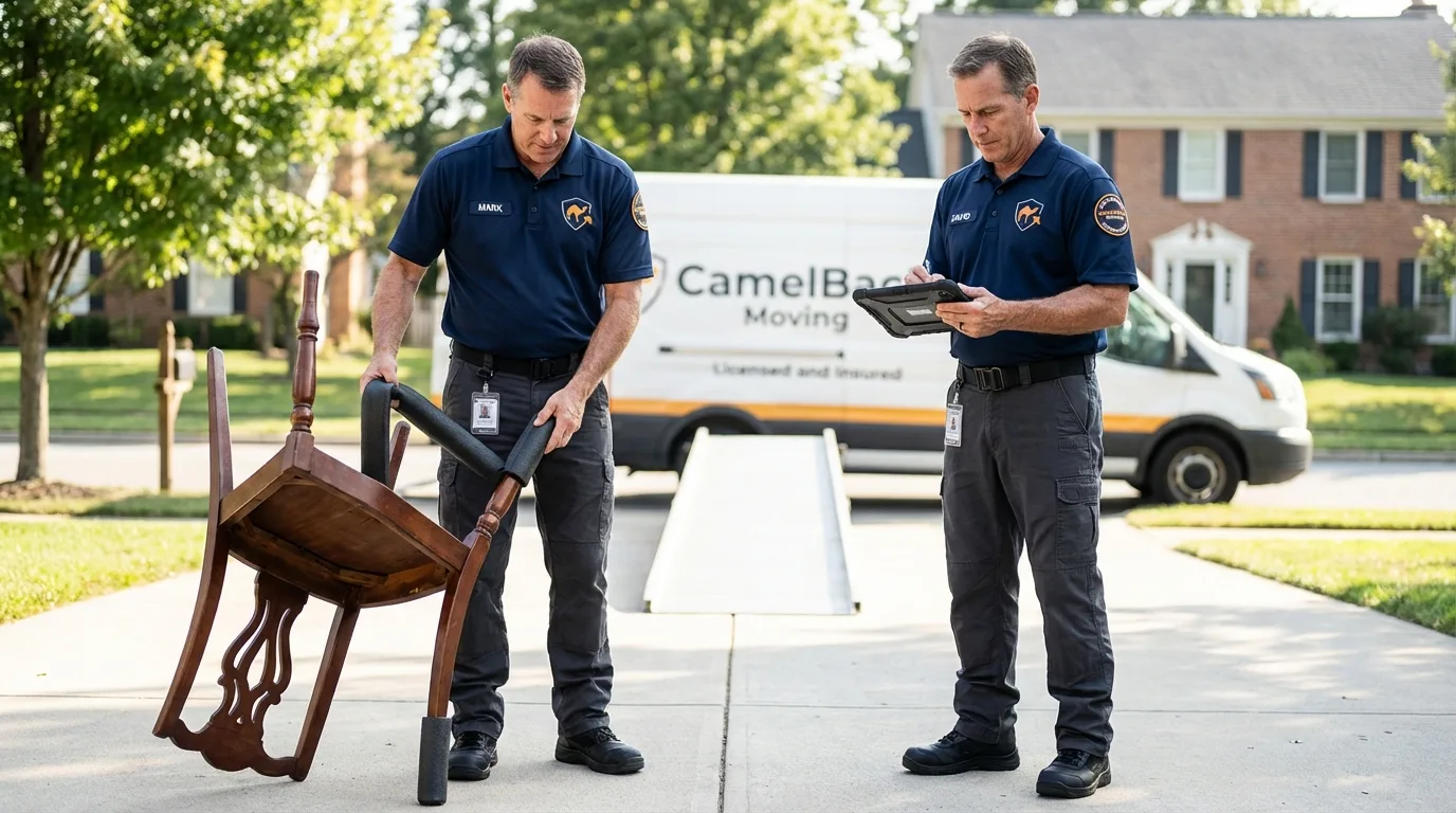 Movers inspecting furniture for damage prevention before loading in Pahrump, NV